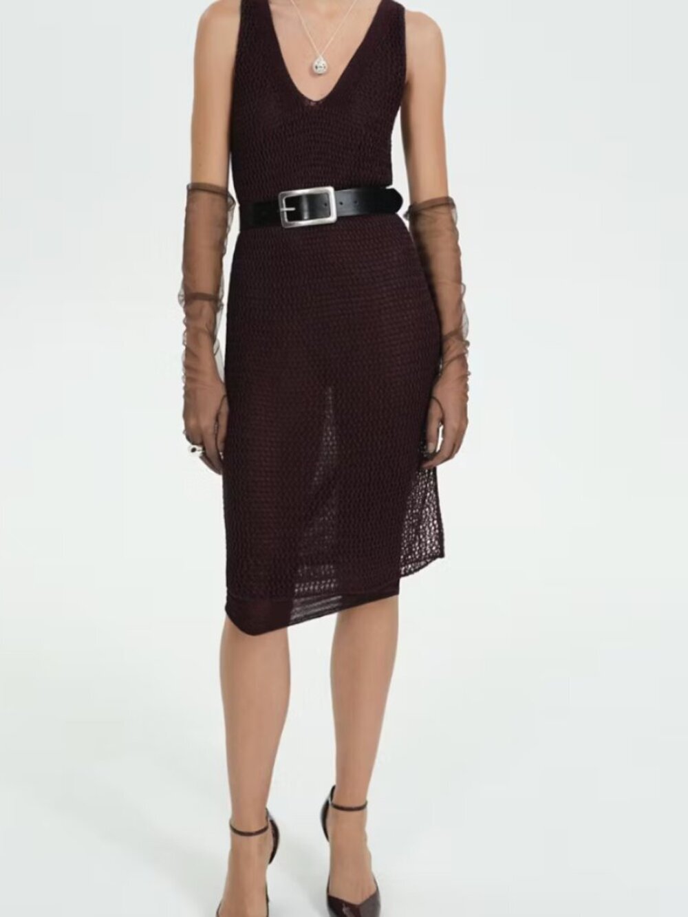 NWT Mango MNG Lurex openwork knit dress Burgundy Size Small